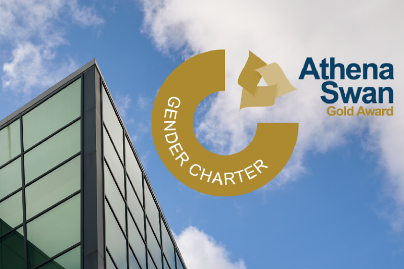SMDBS Gold Athena Swan Award with blue sky campus background